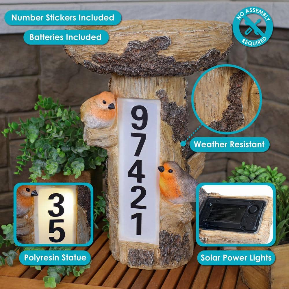 Rustic Brown Polyresin Tree Stump Bird Bath with Solar LED Address Plate