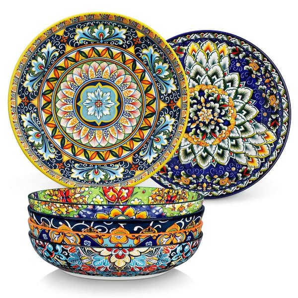 42 fl. oz. Multi-Colored Porcelain Pasta Bowls Set of 6 Soup Bowl Salad Bowl Double-Sided Pattern Kitchen Serving Plates