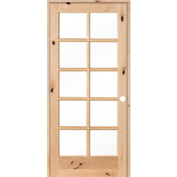 Krosswood Doors 32 in. x 80 in. French Knotty Alder 10-Lite Tempered Glass Solid Left-Hand Wood Single Prehung Interior Door