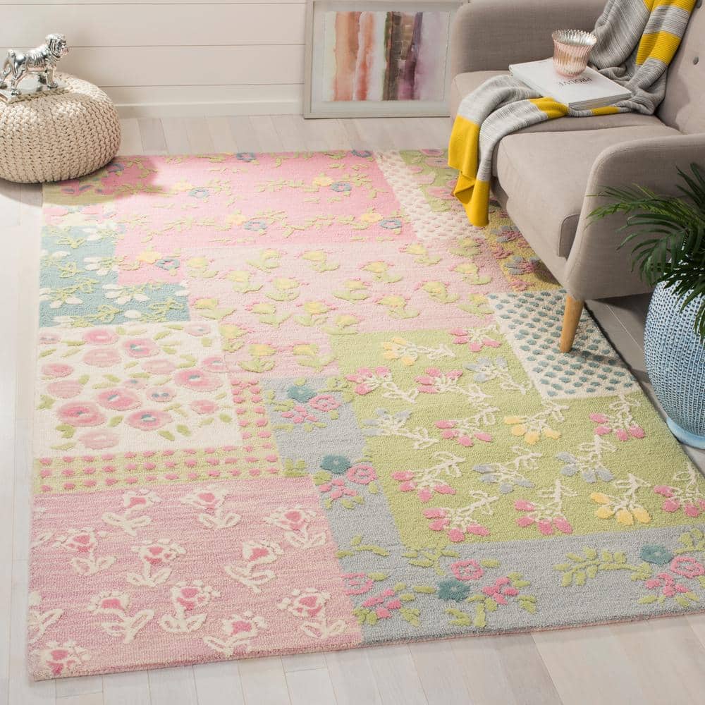 Handmade Pink and Multi Floral Wool Kids Rug, 7' x 7'
