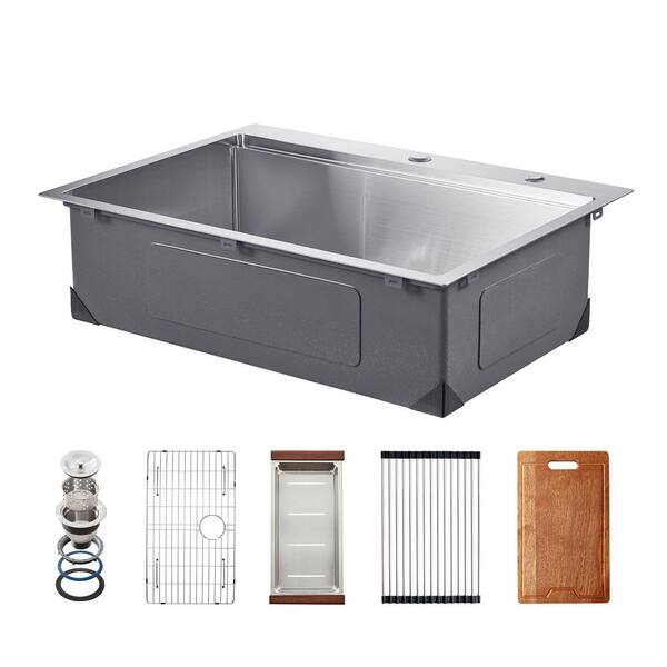 30 x 22 in. Kitchen Sink Workstation, 304 Stainless Steel Drop-In Triple Bowl Farmhouse Basin with Ledge and Accessories