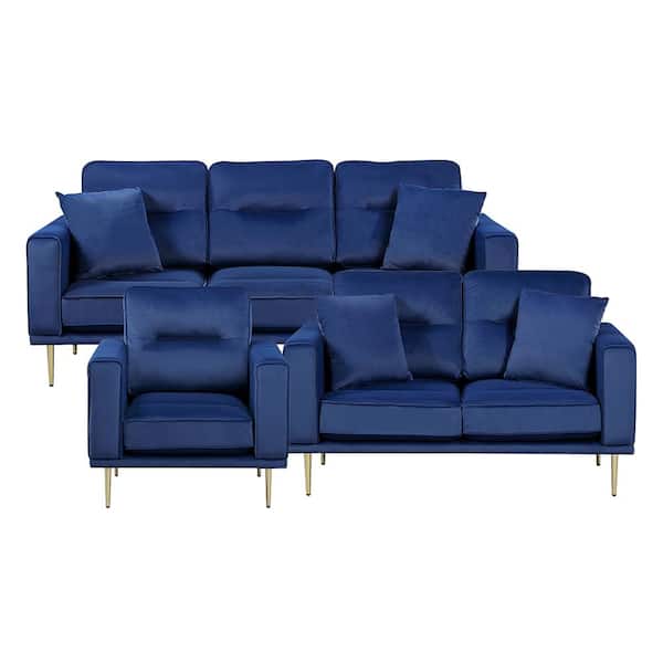 Lazzara Armando 82 in. W Straight Arm Velvet Rectangle 3-Piece Living Room Sofa Set in Blue