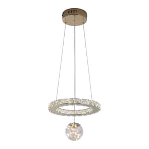 20-Watt 2-Light Silver Ring Crystal Integrated LED Pendant Light with Glass Ball Shade
