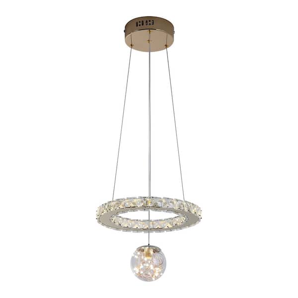 OUKANING 20-Watt 2-Light Silver Ring Crystal Integrated LED Pendant Light with Glass Ball Shade