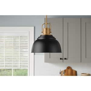 Shelston 13 in. 1-Light Black and Brass Farmhouse Pendant Light Fixture with Metal Shade