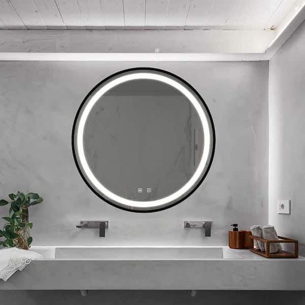 TENGYA LLC 24 in. W x 24 in. H Framless Led Classy Vanity Mirror, Black aluminum alloy frame, Dimmable Touch, Wall Switch Control