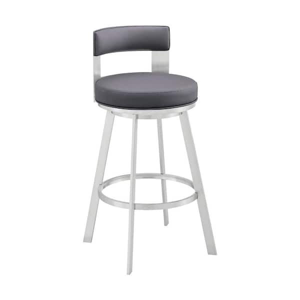 Armen Living Lynof 34 in. Grey/Silver 26 in. Bar Stool with Faux Leather Seat