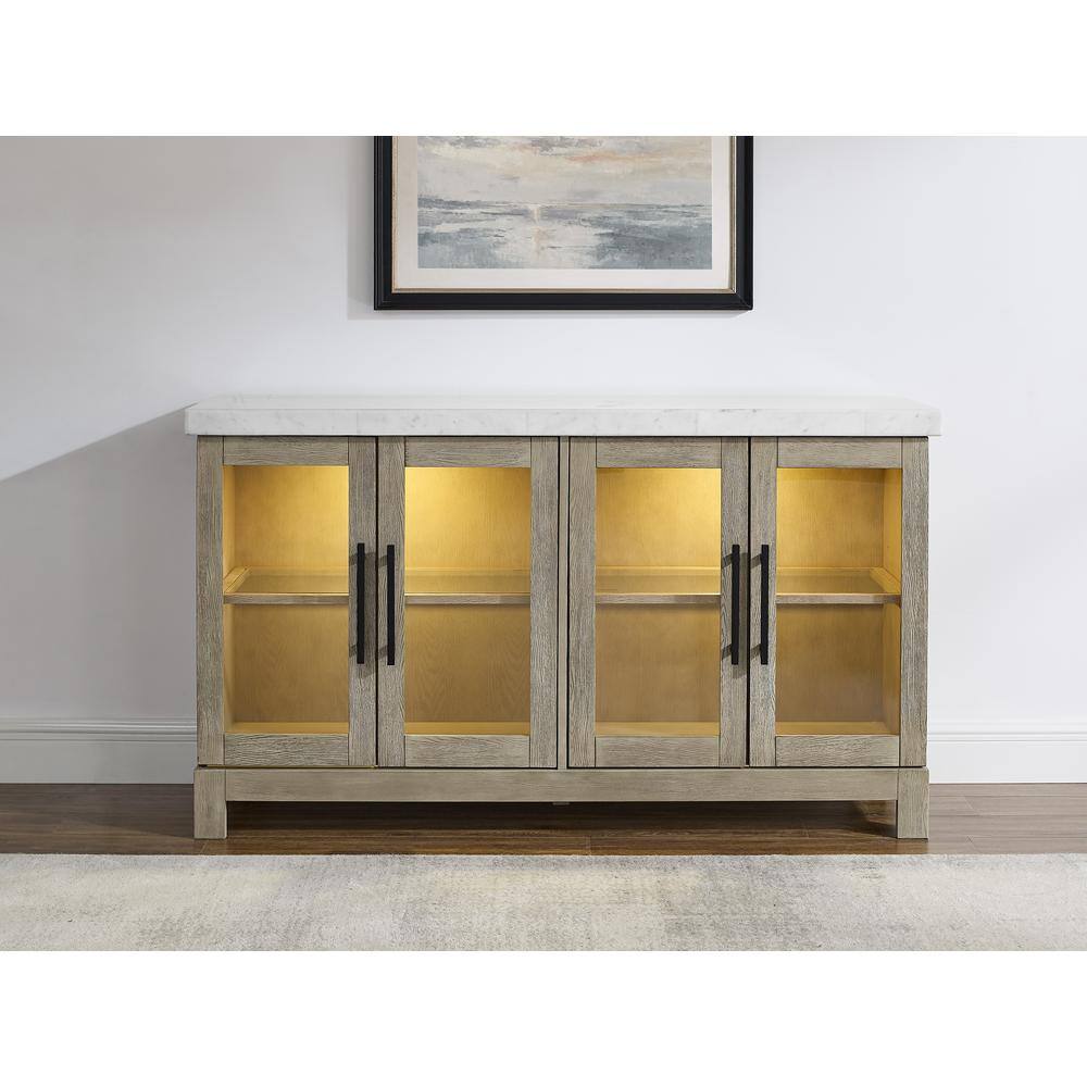 Carena Lighted White Marble and Wheat Wood Sideboard