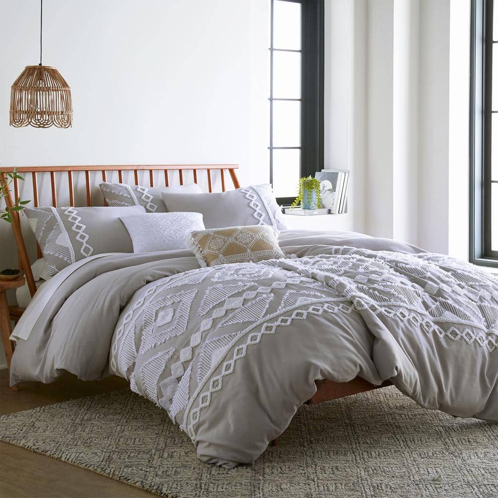 Gray Twin Cotton Jacquard Duvet with Textured Accent