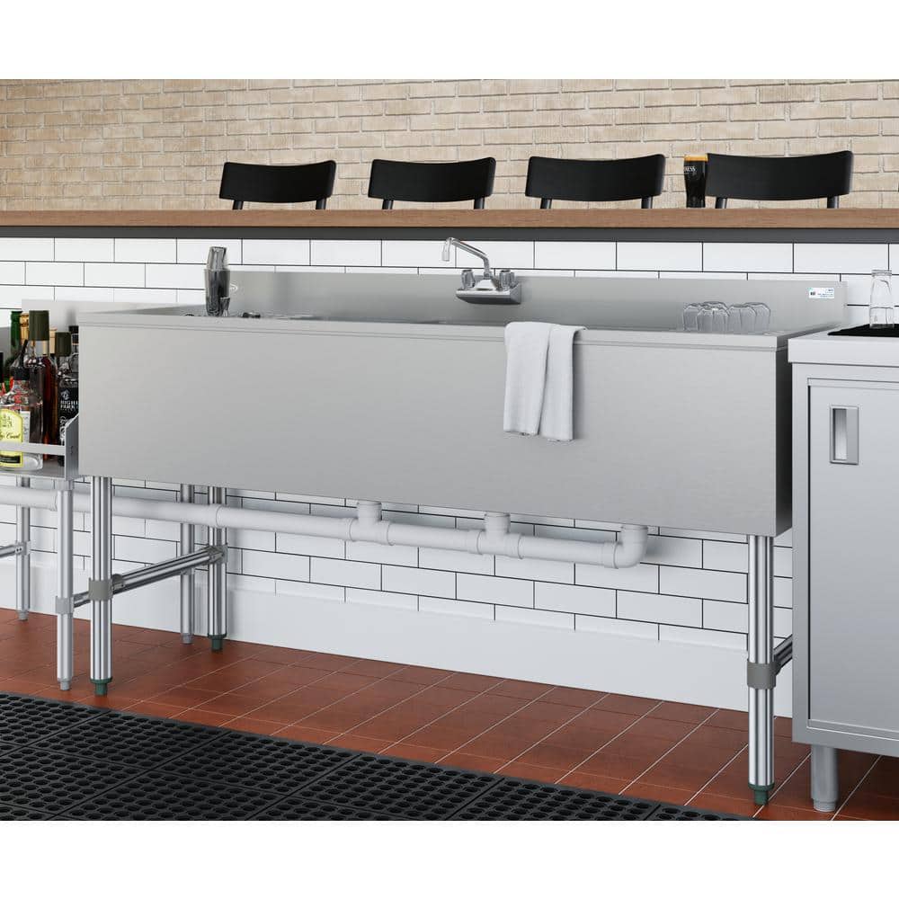60 in. Stainless Steel Commercial Bar Sink with Copper Faucet and Dual Drainboards