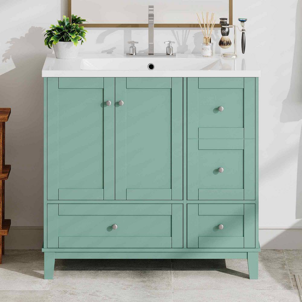 36 in. W Single Sink Bath Vanity in Green with White Solid Surface Top, USB Charging Ports, 2-Doors and 3-Drawers price history on PriceWatchPro