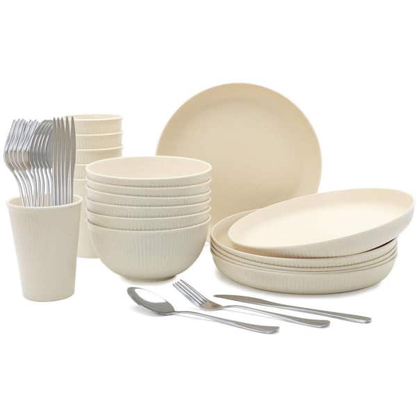 Round 36-Piece, Eco Wheat Straw, Cream, Polypropylene, Unbreakable Microwave Safe Kitchen Dinnerware Set, Beige