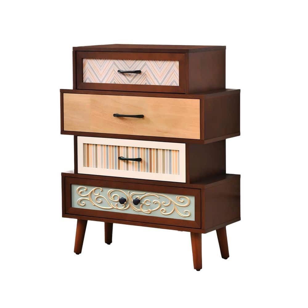 26 in. W Vintage Wood Multi-Colored 4-Drawer Accent Chest with Mixed Unique Pattern Drawer