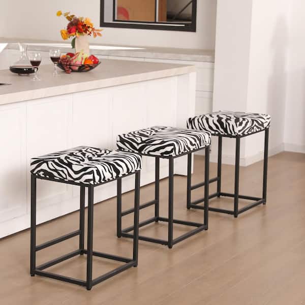 24 in. Black Zebra Print Thick Cushion Backless Bar Stool Metal Steel Frame Base with Footrest (Set of 3)