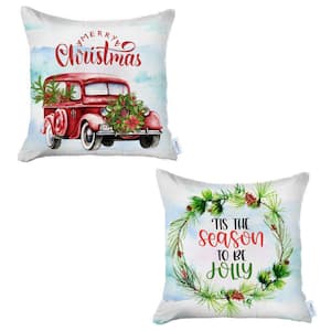 Decorative Christmas Car & Quote Throw Pillow Cover Square 18 in. x 18 in. White & Red & Green for Couch Set of 2