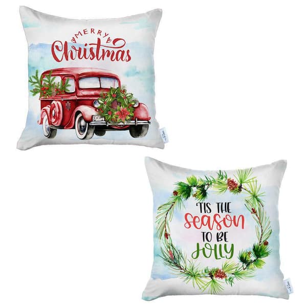 MIKE & Co. NEW YORK Decorative Christmas Car & Quote Throw Pillow Cover Square 18 in. x 18 in. White & Red & Green for Couch Set of 2