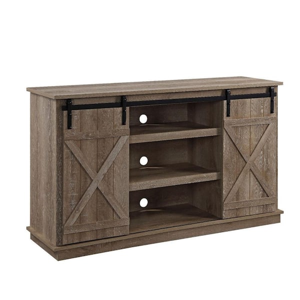 Benjara 54 in. Brown Wood TV Stand Fits TVs up to 65 in. with 2 Sliding Bar Doors