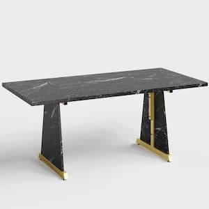 Black Marble 70 in. Wood Dining Tables with Metal Base For 6-8 People , Rectangle Kitchen Table