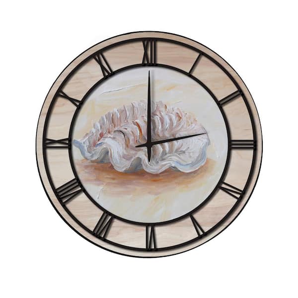 Unbranded "Sea Shell #1" Woodgrain Accent and Black Numbers Imaged Wall Clock
