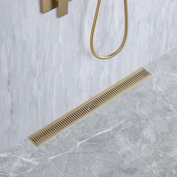 28 in. Stainless Steel Linear Shower Drain with Square Pattern Drain Cover in Brushed Gold