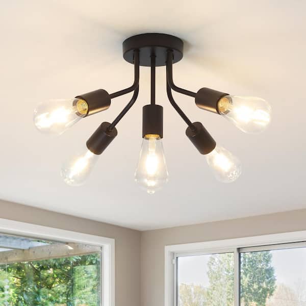 Fasiha 14.76 in. 5-Light Matte Black Sputnik Sphere Chandelier Industrial Vintage Linear Semi Flush Mount Ceiling Light
