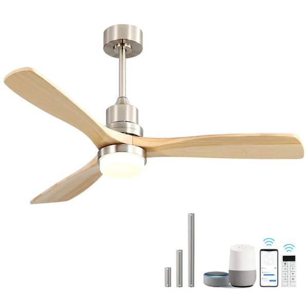 52 in. Indoor/Outdoor Smart Wood Brush Nickel Standrad Downrod Mount Ceiling Fan with Light Kit and Remote&APP Control