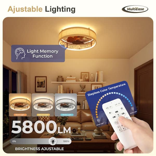 20 in. Indoor Modern Black Low Profile DC Motor Flush Mount Ceiling Fan Light with LED with Remote for Bedroom