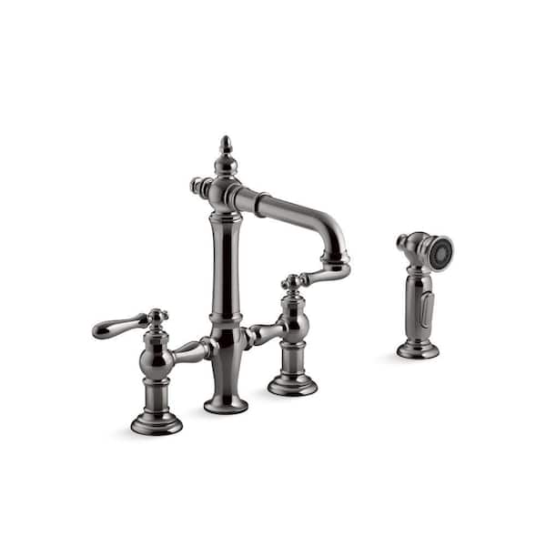 KOHLER Artifacts Double-Handle Surface Mount Bridge Kitchen Faucet in Vibrant Titanium