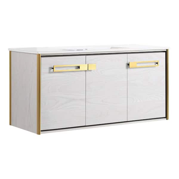 FINE FIXTURES Oakville 48 in. W x 18 in. D x 23.25 in. H Wall Mounted Bathroom Vanity in Gray with White Ceramic Sink Top