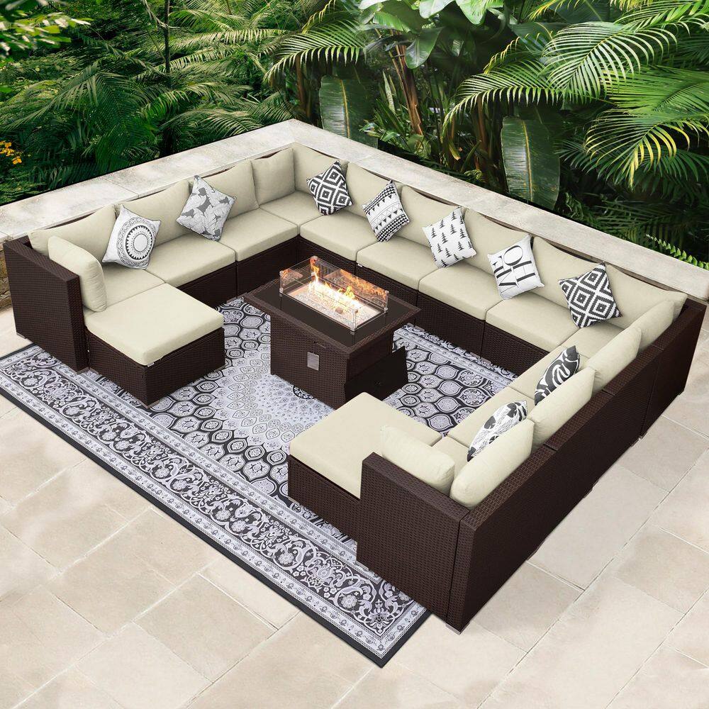 15-Piece Wicker Outdoor Sectional Patio Furniture Conversation Set with 60,000 BTU Fire Pit Table, Beige Cushions price history on PriceWatchPro