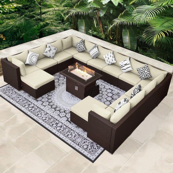 FINCATI 15-Piece Wicker Outdoor Sectional Patio Furniture Conversation Set with 60,000 BTU Fire Pit Table, Beige Cushions