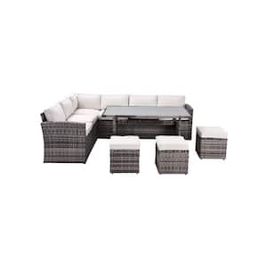 7-Piece Gray All Weather PE Wicker Patio Conversation Set with Beige Removable Cushions, Chairs, Ottomans, Backrest