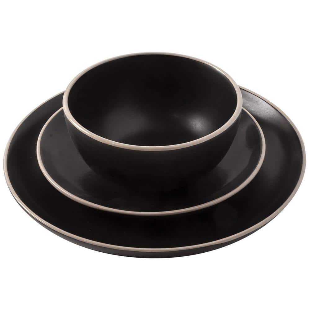 Black Ceramic 12-Piece Dinnerware Set with Glossy Rim