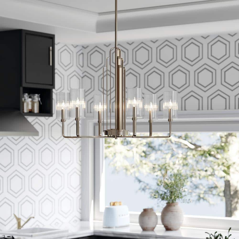 Elegant Art Deco 6-Light Chandelier in Polished Nickel with Clear Fluted Glass