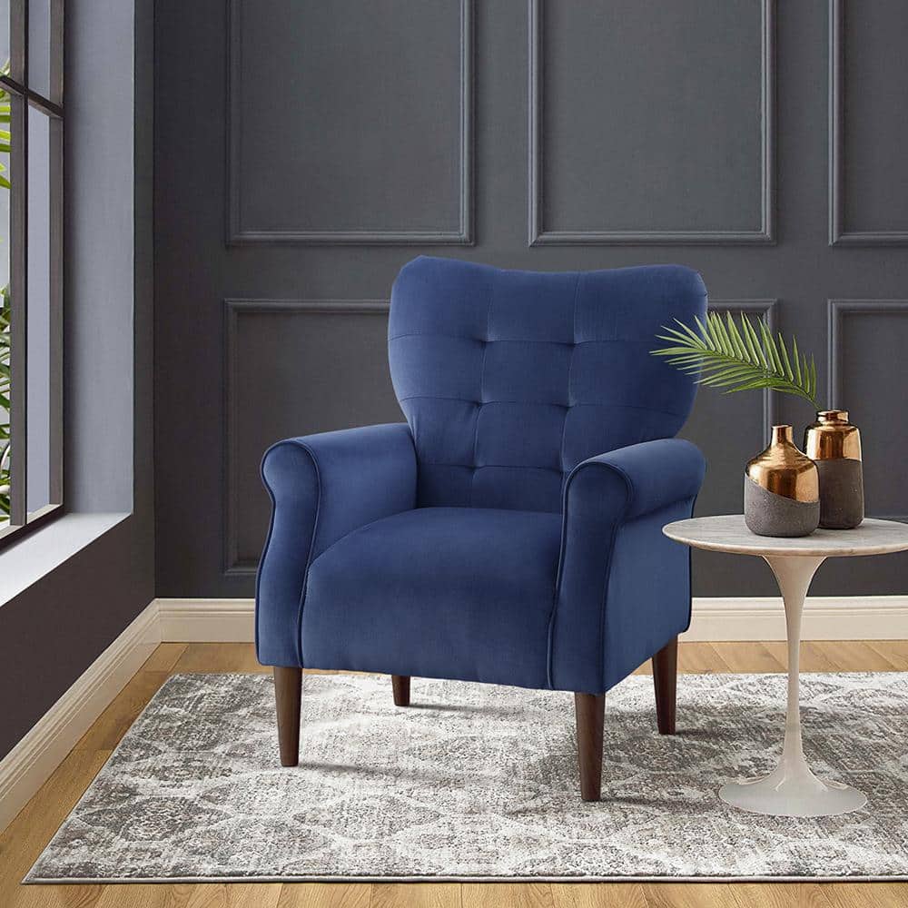 Luxurious Navy Blue Velvet Wood Accent Armchair