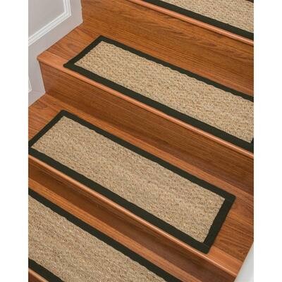 9” x 29” Half Panama Beige Seagrass Stair Treads with Black Border, Set of 8 Natural Stair Tread Carpet