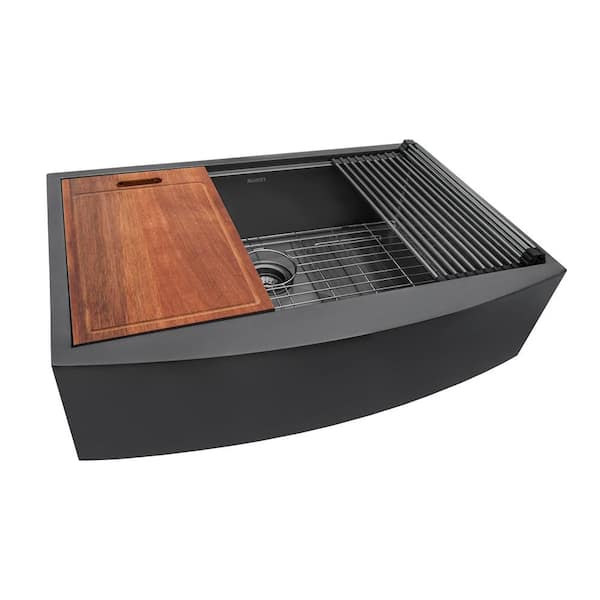 Ruvati Monaco 36 in. Apron-Front Farmhouse Single Bowl 16-Gauge Stainless Steel Workstation Kitchen Sink in Gunmetal Blackd