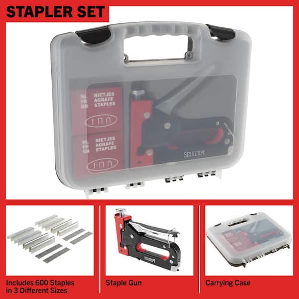 Stalwart 3-Way Stapler for Fabrics, Wood, Crafts, Construction, and Bulletin Boards - Staples and Carrying Case Included (Red)