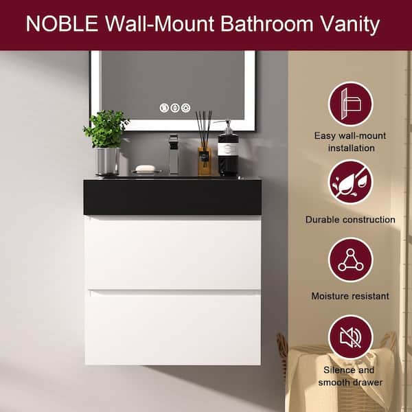 24 in. Wall Mount Modern Single Sink White Bath Vanity with One-Piece Black Solid Surface Top Sink Pre-assembled