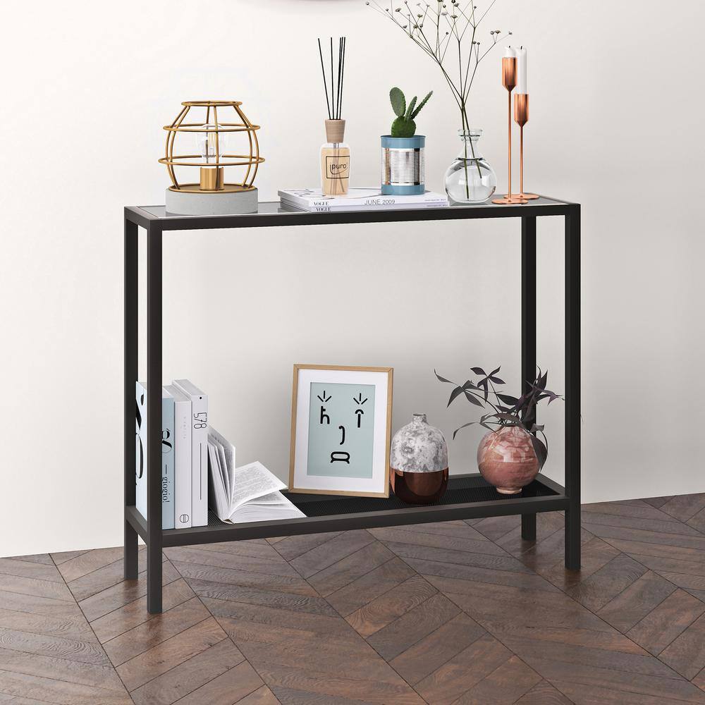 Sleek Blackened Bronze & Glass Console Table with Storage Shelf