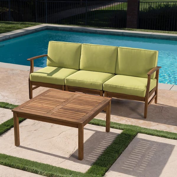 Noble House Perla Teak Brown 4Piece Wood Patio Conversation Set with Green Cushions 39714 The