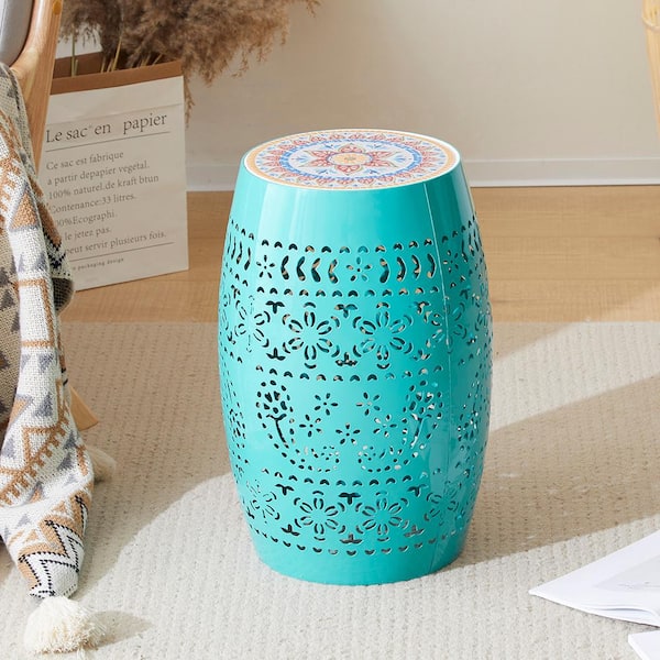 AFAIF 12 in. Ceramic Tile Iron Side Table -TEAL, for snacks, beverages, and plants, perfect for indoor and outdoor use