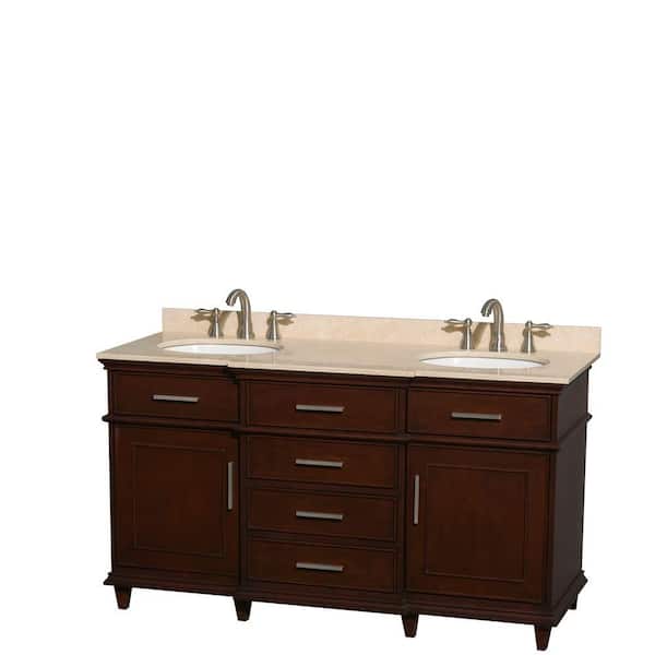 Wyndham Collection Berkeley 60 in. Double Vanity in Dark Chestnut with Marble Vanity Top in Ivory and Oval Basin