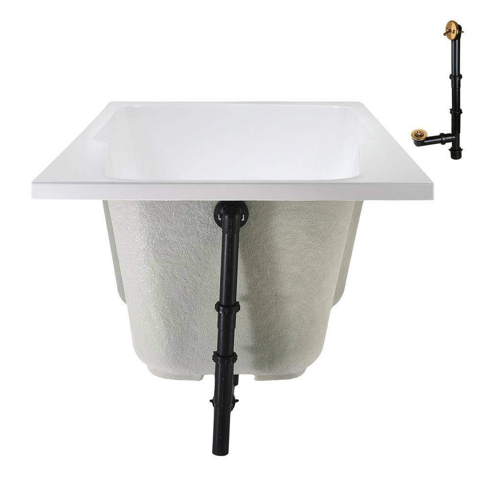 72'' Glossy White Acrylic Soaking Drop-In Bathtub with Brushed Gold Hardware