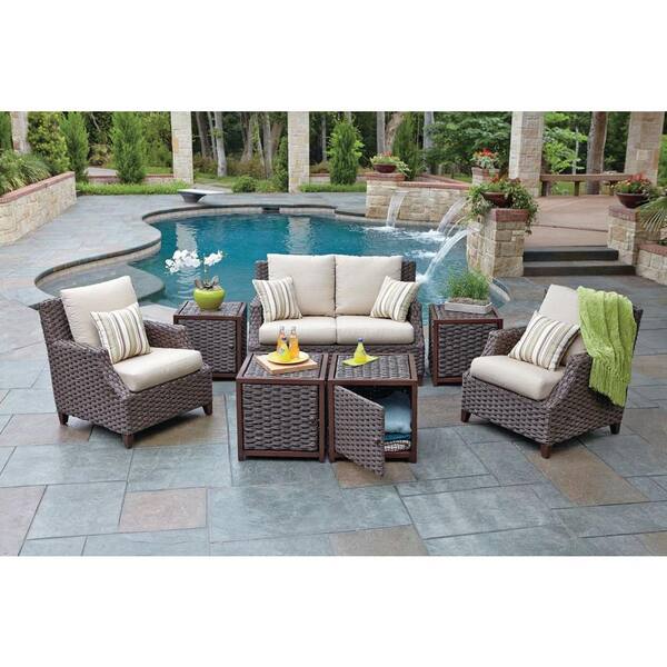 Woodard Worldwide Santa Monica 7-Piece Patio Seating Set with Beige Cushions