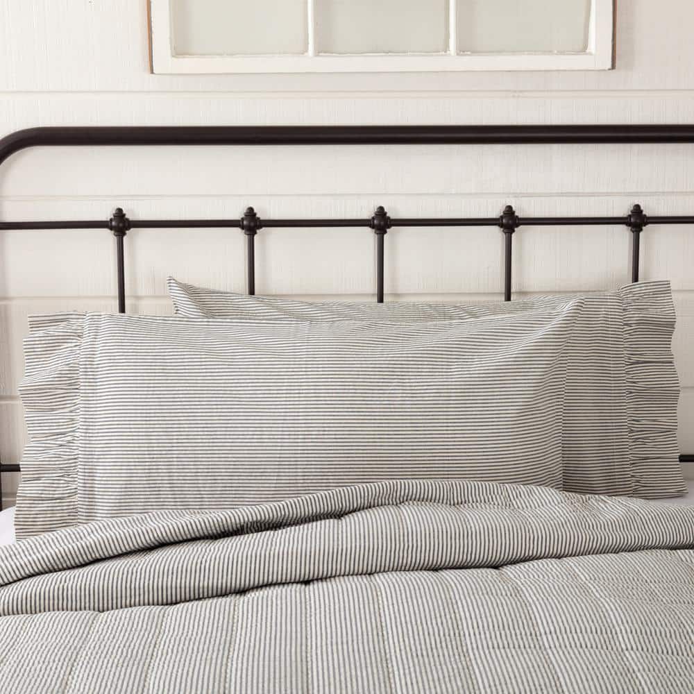 VHC Brands Hatteras Seersucker Ticking Striped Cotton Americana Bedding King Pillow Case Set of 2  Pillowcase Set 21x40  Denim Blue