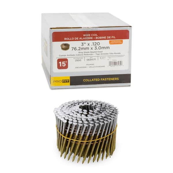 3 in. x 0.120 15-Degree Hot Dipped Galvanized Ring Shank Wire Coil Framing Nails (2500 -Per Box)