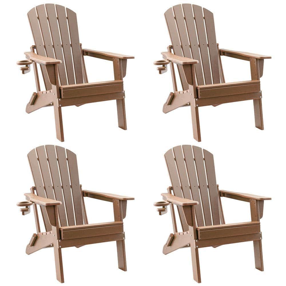 Upland HDPE Folding Adirondack Chair with Cup Holder, Weather-Resistant, Low Maintenance, Supports up to 400lbs, Teak, 4 Pack YYFAC-TK4