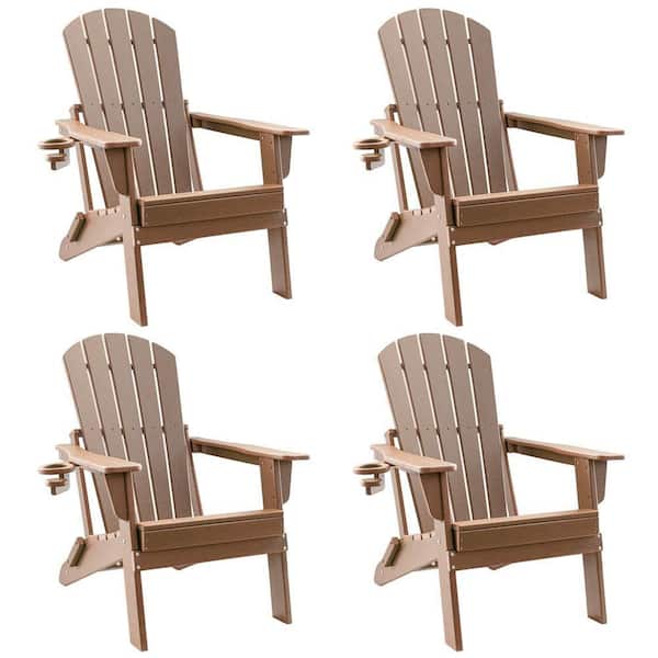 HDPE Folding Adirondack Chair with Cup Holder, Weather-Resistant, Low Maintenance, Supports up to 400lbs, Teak, 4 Pack