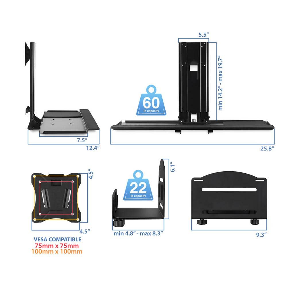 Black Adjustable Wall Mount for Monitor and Keyboard with CPU Holder